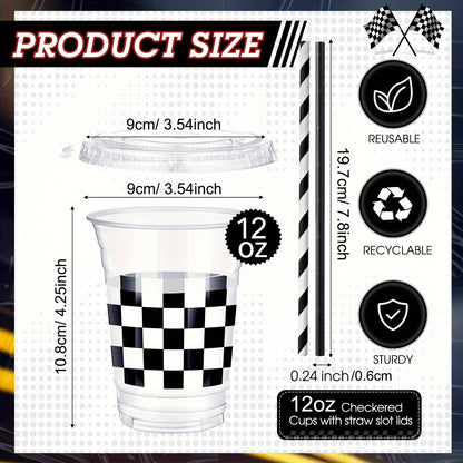 Disposable Plastic Cups with Lids and Paper Straws - 12 oz Clear Checkered Flag Print Party Supplies - ZOOMNSTORE