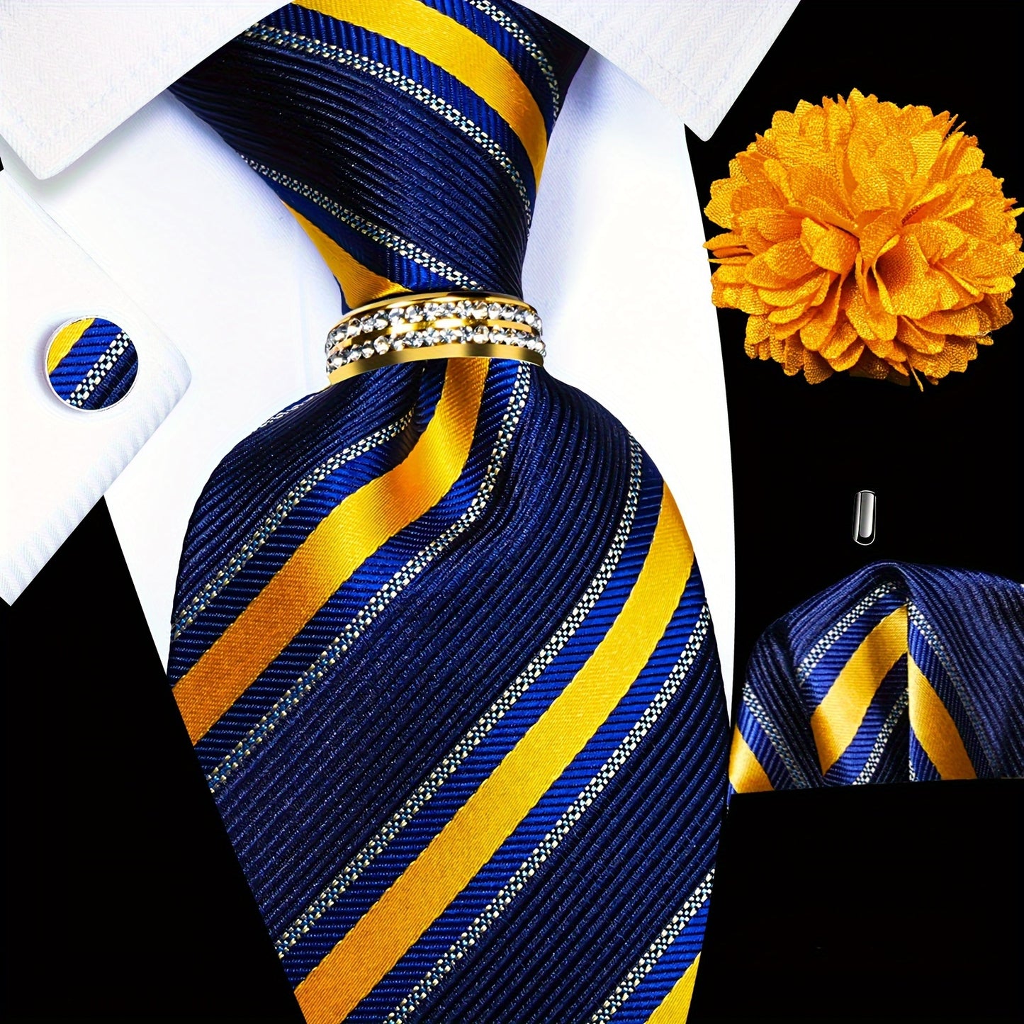 Mens Luxury Tie Set - Elegant 5PCS with Pocket Square Cufflinks Tie Ring Lapel Pin - ZOOMNSTORE