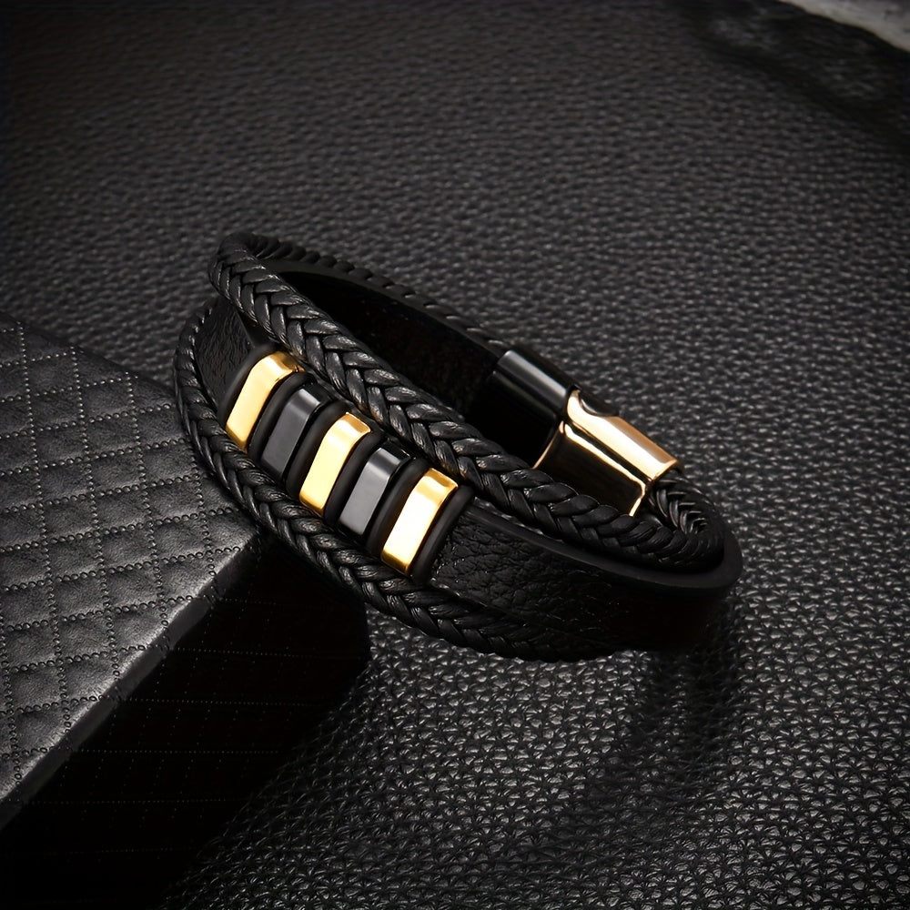 Mens Braided Faux Leather Bracelet - Vintage Punk Accessory with Magnetic Clasp - ZOOMNSTORE