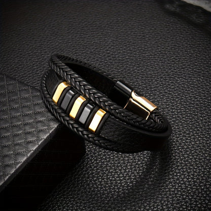 Mens Braided Faux Leather Bracelet - Vintage Punk Accessory with Magnetic Clasp - ZOOMNSTORE