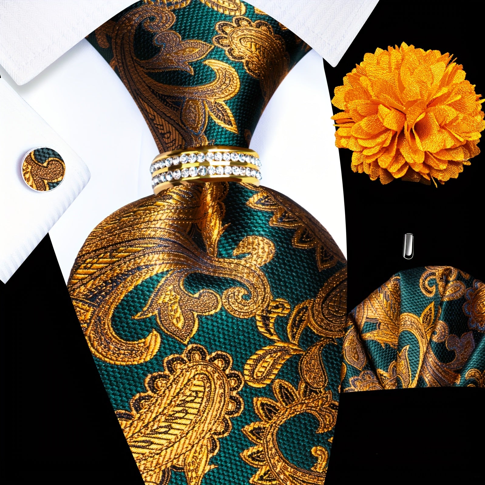 Mens Luxury Tie Set - Elegant 5PCS with Pocket Square Cufflinks Tie Ring Lapel Pin - ZOOMNSTORE