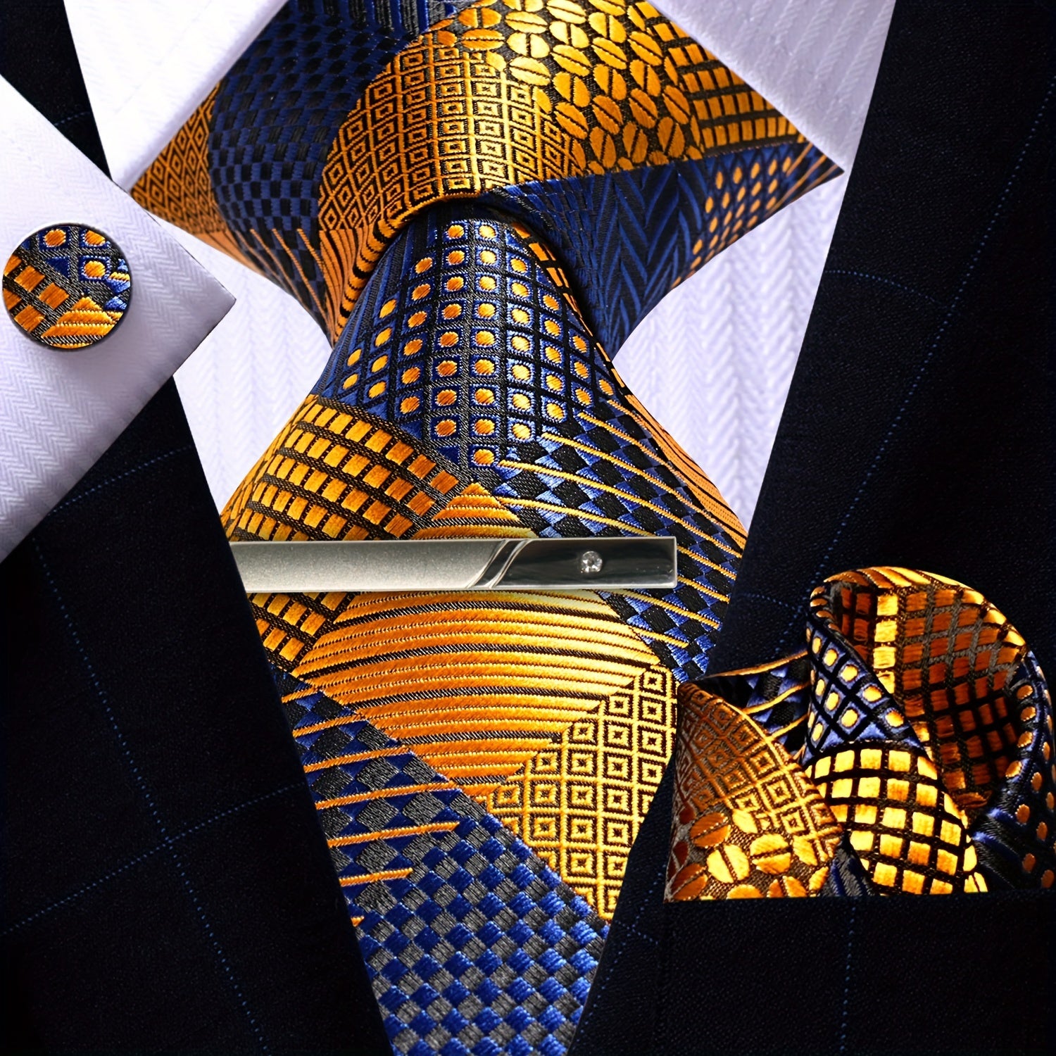 Mens Golden Plaid Tie Set - 4PCS Necktie Pocket Square Cufflinks for Weddings  Business - ZOOMNSTORE