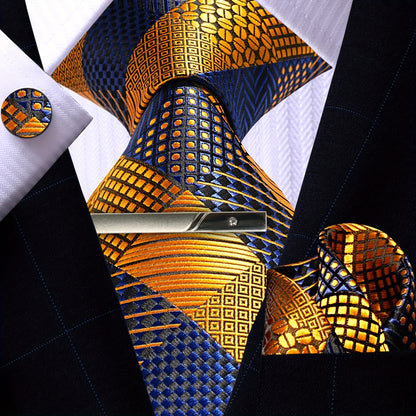 Mens Golden Plaid Tie Set - 4PCS Necktie Pocket Square Cufflinks for Weddings  Business - ZOOMNSTORE