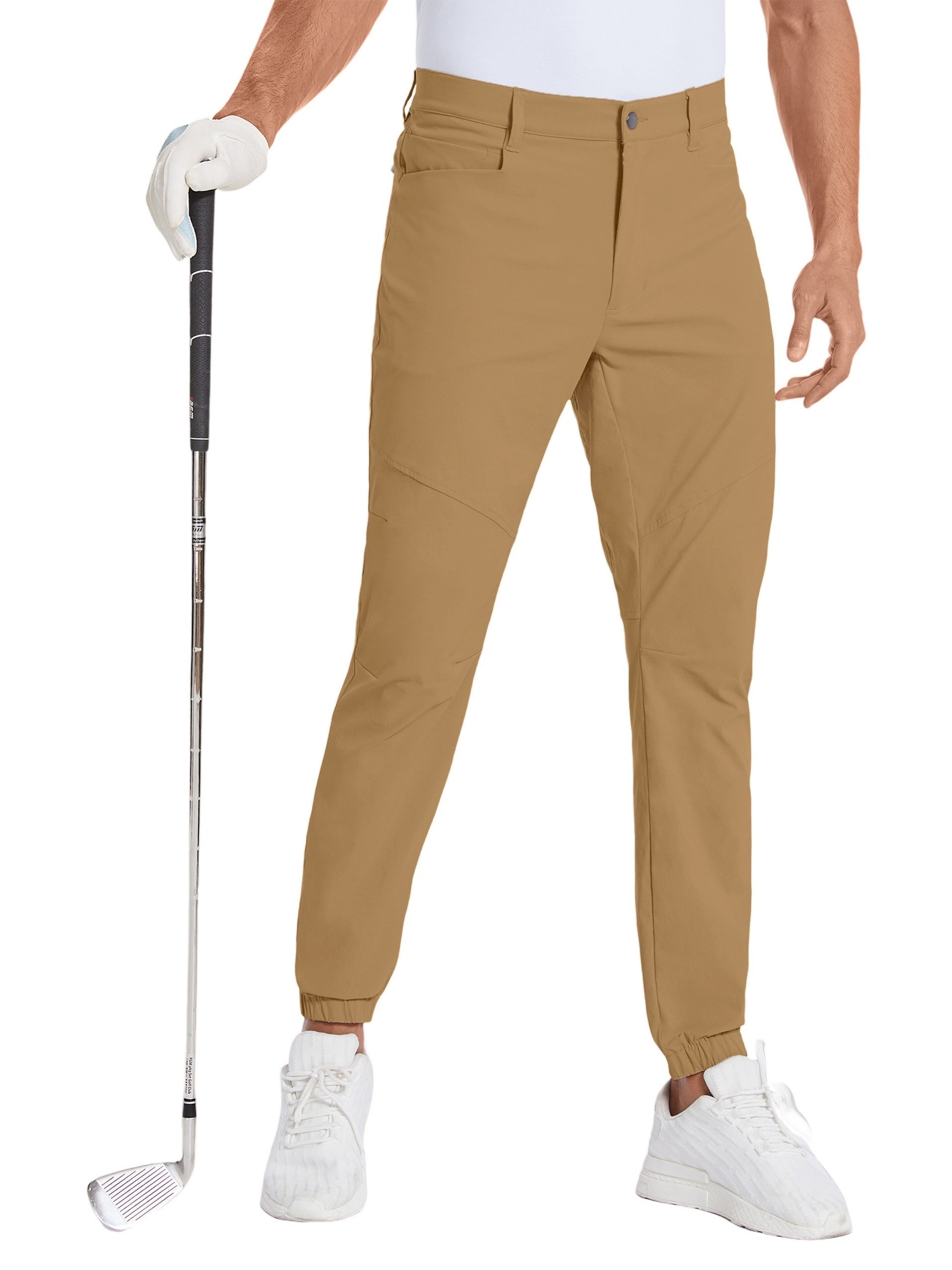 Mens Beige Stretch Hiking Pants - Water-Resistant Slim Fit Joggers with 4 Pockets  Elastic Waistband - ZOOMNSTORE