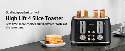 4-Slice Stainless Steel Toaster - Extra Wide Slots Dual Controls Removable Crumb Tray 6 Shade Settings Black - ZOOMNSTORE