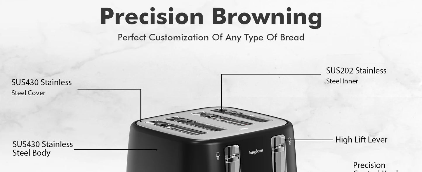 4-Slice Stainless Steel Toaster - Extra Wide Slots Dual Controls Removable Crumb Tray 6 Shade Settings Black - ZOOMNSTORE