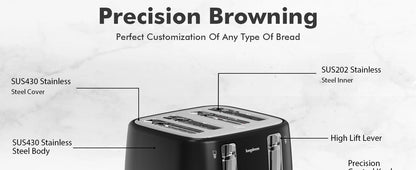 4-Slice Stainless Steel Toaster - Extra Wide Slots Dual Controls Removable Crumb Tray 6 Shade Settings Black - ZOOMNSTORE