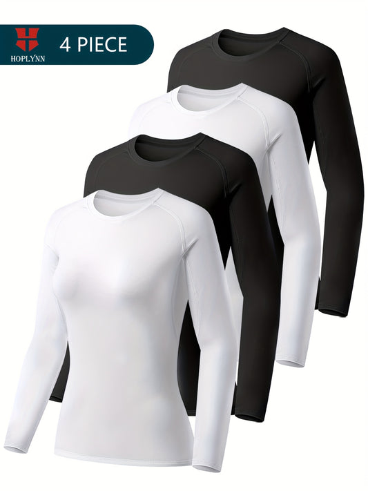 Womens Long Sleeve Compression Workout Shirt - 4 Pack Athletic Performance Baselayer - ZOOMNSTORE