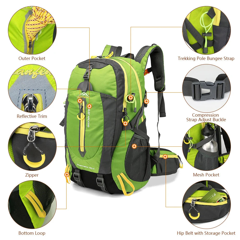 40L Water Resistant Backpack - Travel Hiking Camping Laptop Daypack for Men  Women - ZOOMNSTORE
