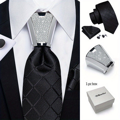 Mens Silvery Necktie Set - Necktie Ring Handkerchief  Cufflinks with Gift Box - ZOOMNSTORE