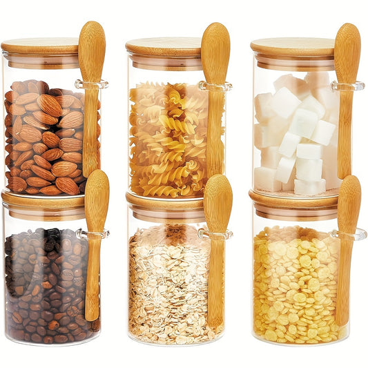 Airtight Glass Storage Jars Set of 6 - 18 Oz with Bamboo Lids and Spoons for Coffee Tea Sugar Spices and Beans - ZOOMNSTORE