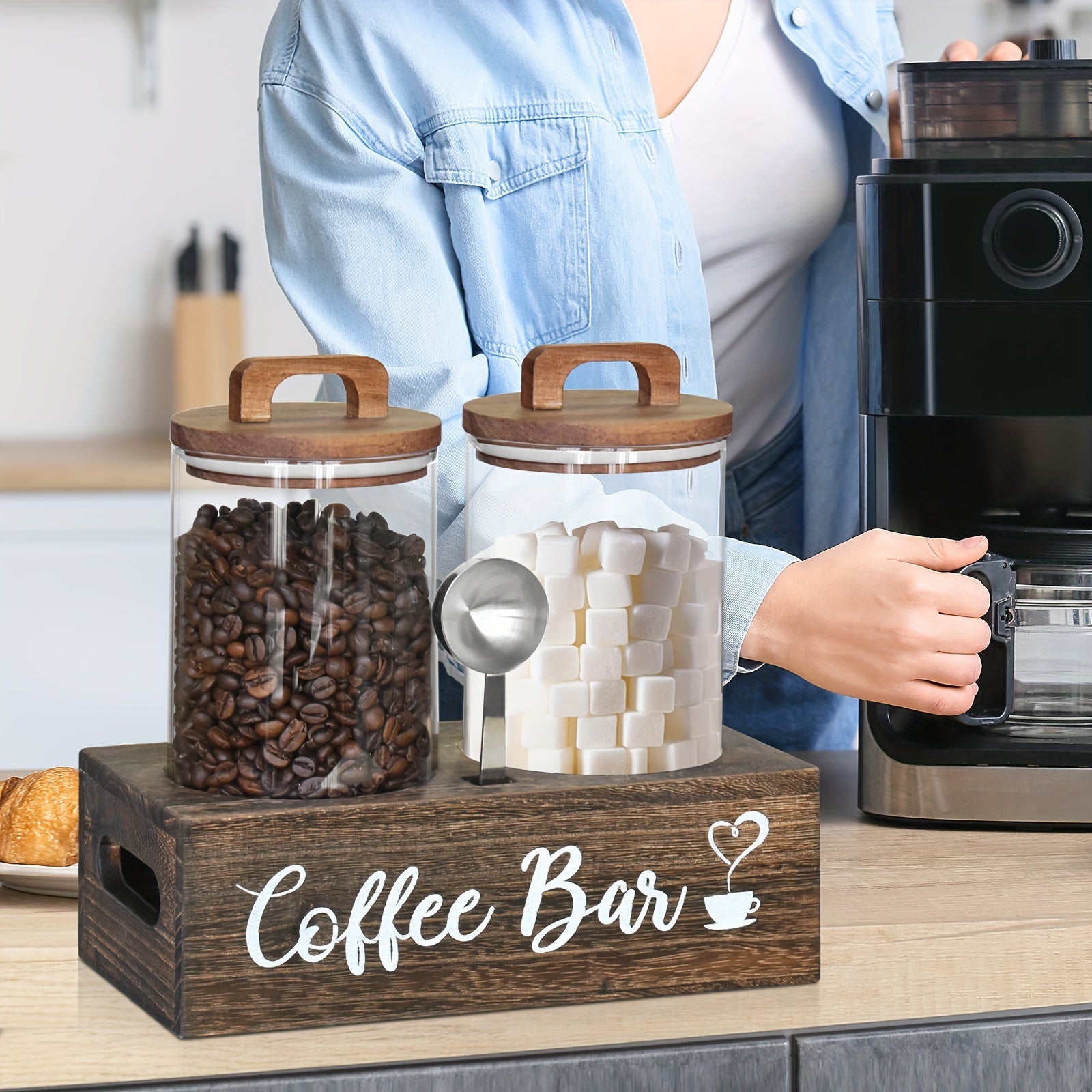 Airtight Glass Storage Jars with Bamboo Lids and Spoon - Coffee Sugar Tea Canisters - ZOOMNSTORE