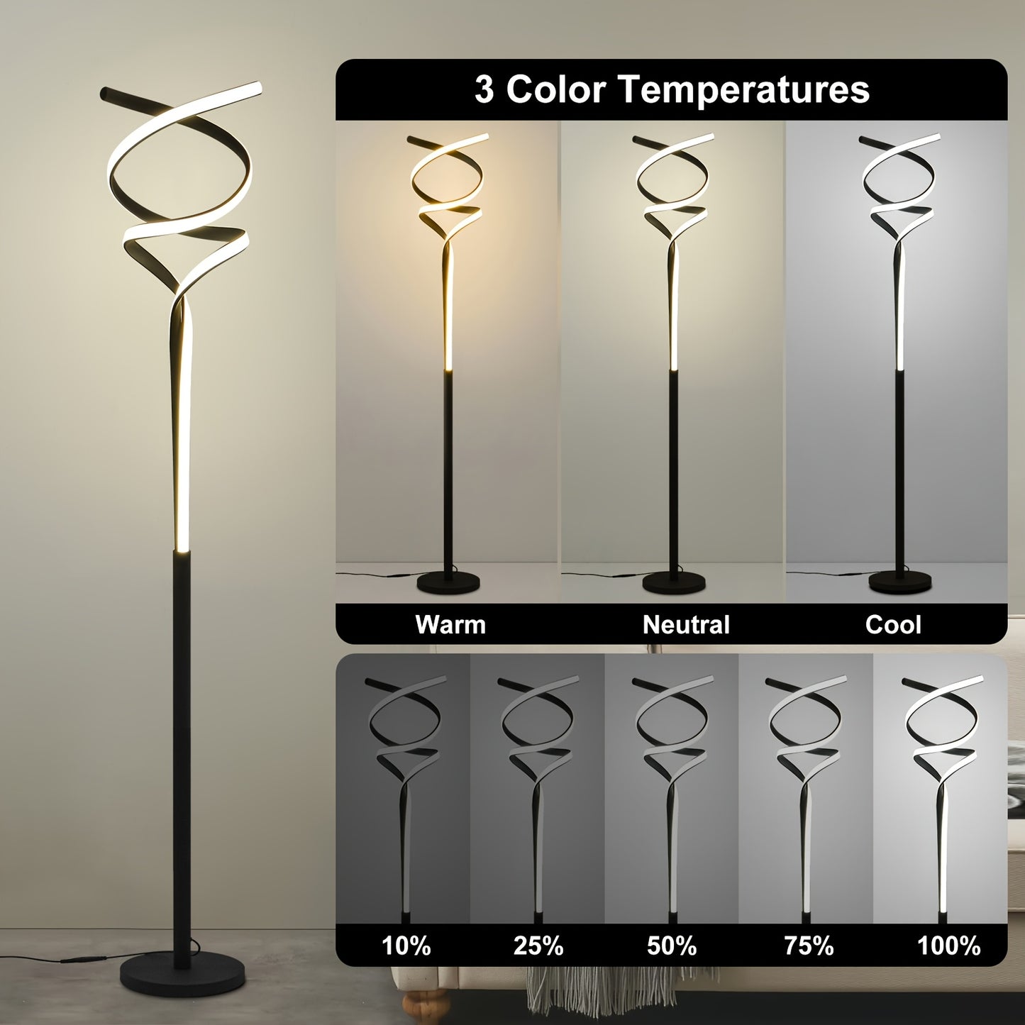 Dimmable LED Spiral Floor Lamp with Timer - Modern Standing Light for Living Room Bedroom Kitchen and Office - ZOOMNSTORE