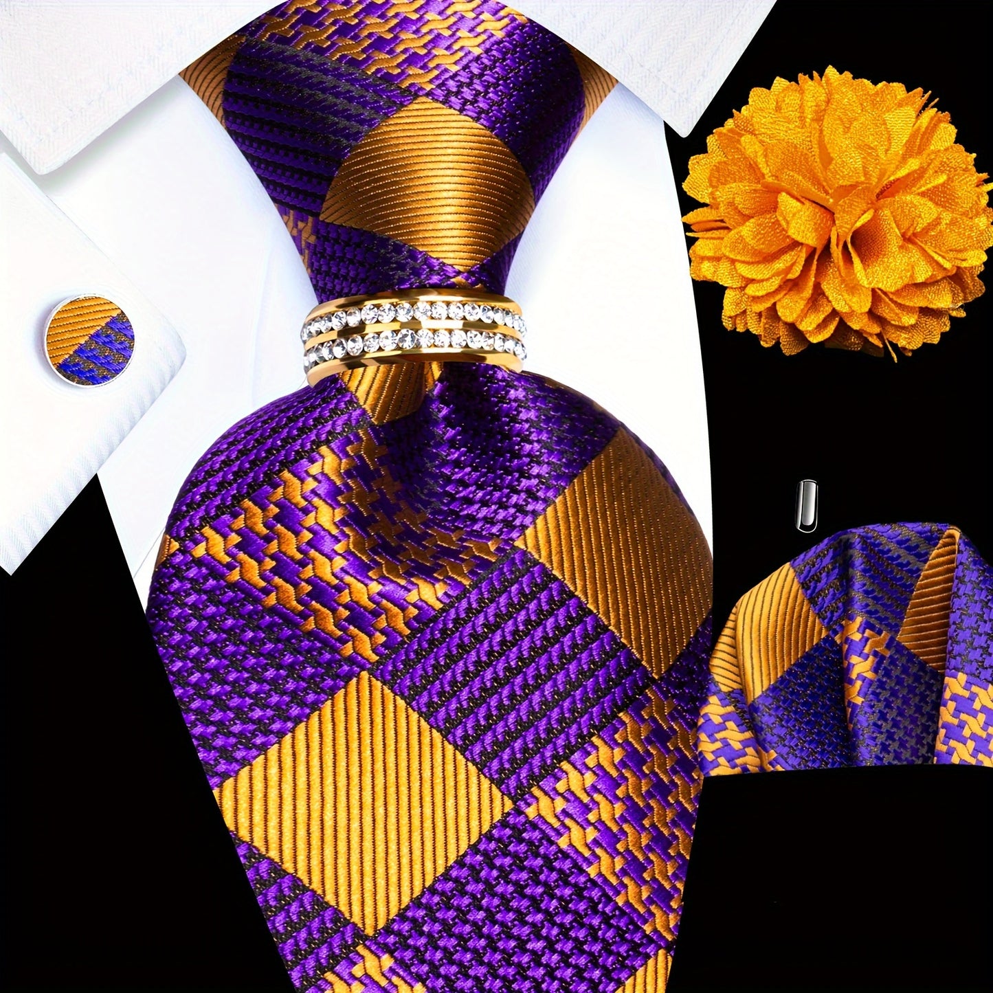 Mens Luxury Tie Set - Elegant 5PCS with Pocket Square Cufflinks Tie Ring Lapel Pin - ZOOMNSTORE