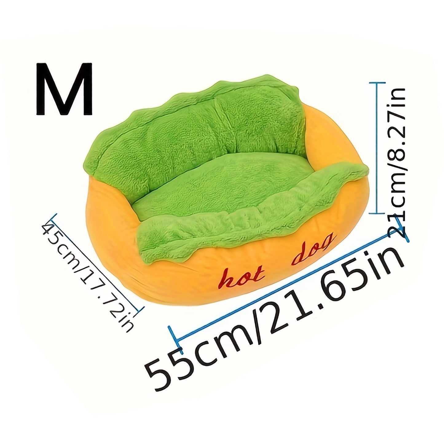 Soft Plush Hot Dog Pet Bed - Removable Cushion for Small to Medium Pets Easy to Clean Vibrant Yellow Green - ZOOMNSTORE