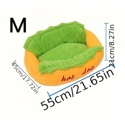 Soft Plush Hot Dog Pet Bed - Removable Cushion for Small to Medium Pets Easy to Clean Vibrant Yellow Green - ZOOMNSTORE