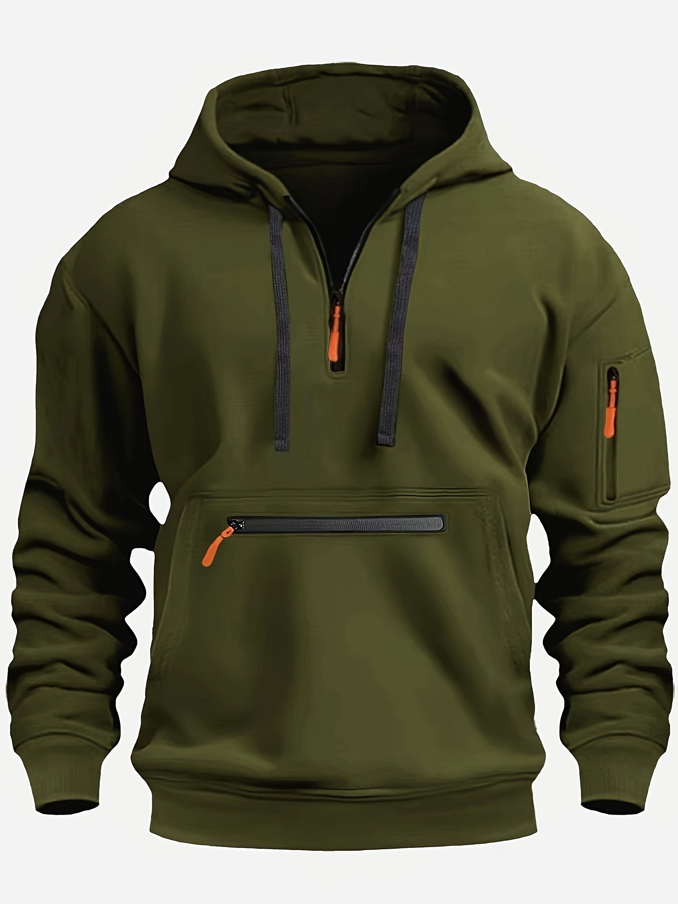 Men's Solid ColorHalf-Zip Design Long Sleeve Casual Hooded Sweatshirt With Kangaroo Pocket For Fall/Winter Casual Daily Wear - ZOOMNSTORE