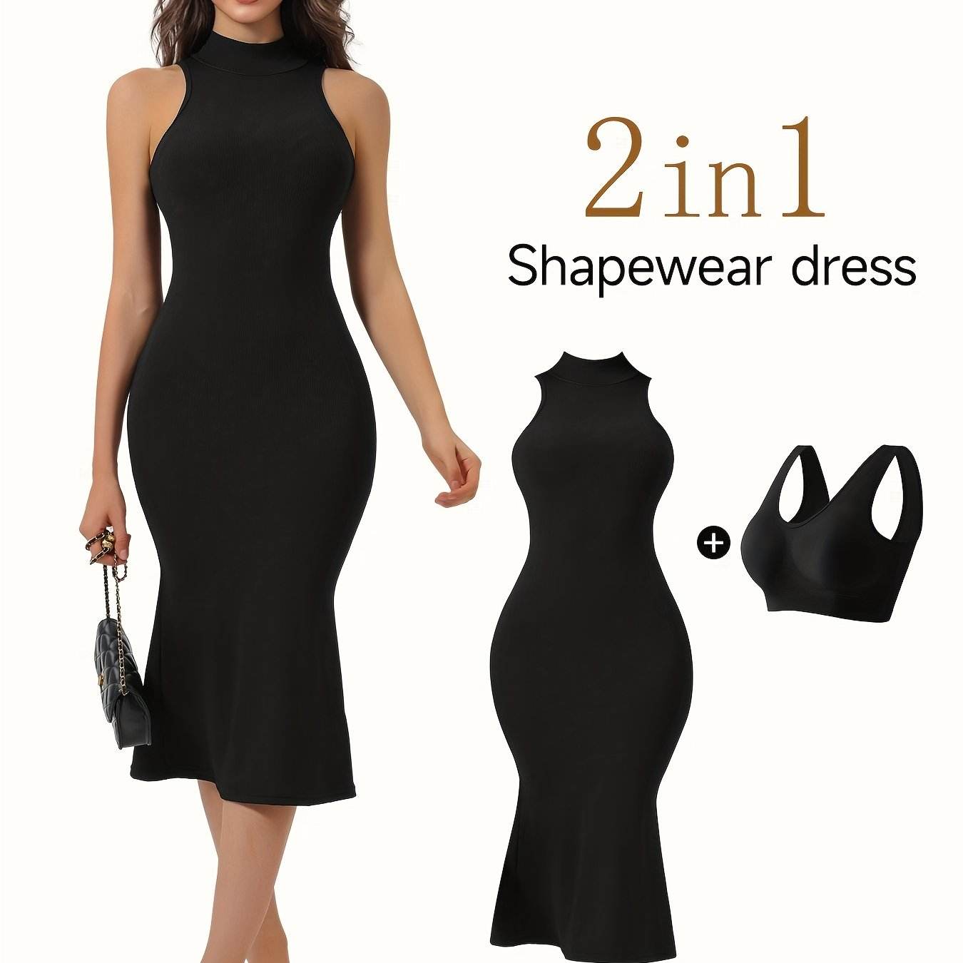 1pc Women'S 2-in-1 Midi Mermaid Dress with Built-in Bra, High Neck Sleeveless, Rib-Knit Stretch Fabric, Polyester 92% Elastane 8%, Casual Fit and Flare, Knee-Length, Spring/Summer/Fall Collection - ZOOMNSTORE