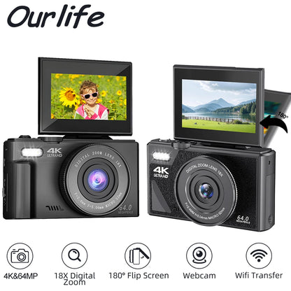 4K Digital Camera - 64MP Flip Screen Vlogging Camera with 18X Digital Zoom - ZOOMNSTORE