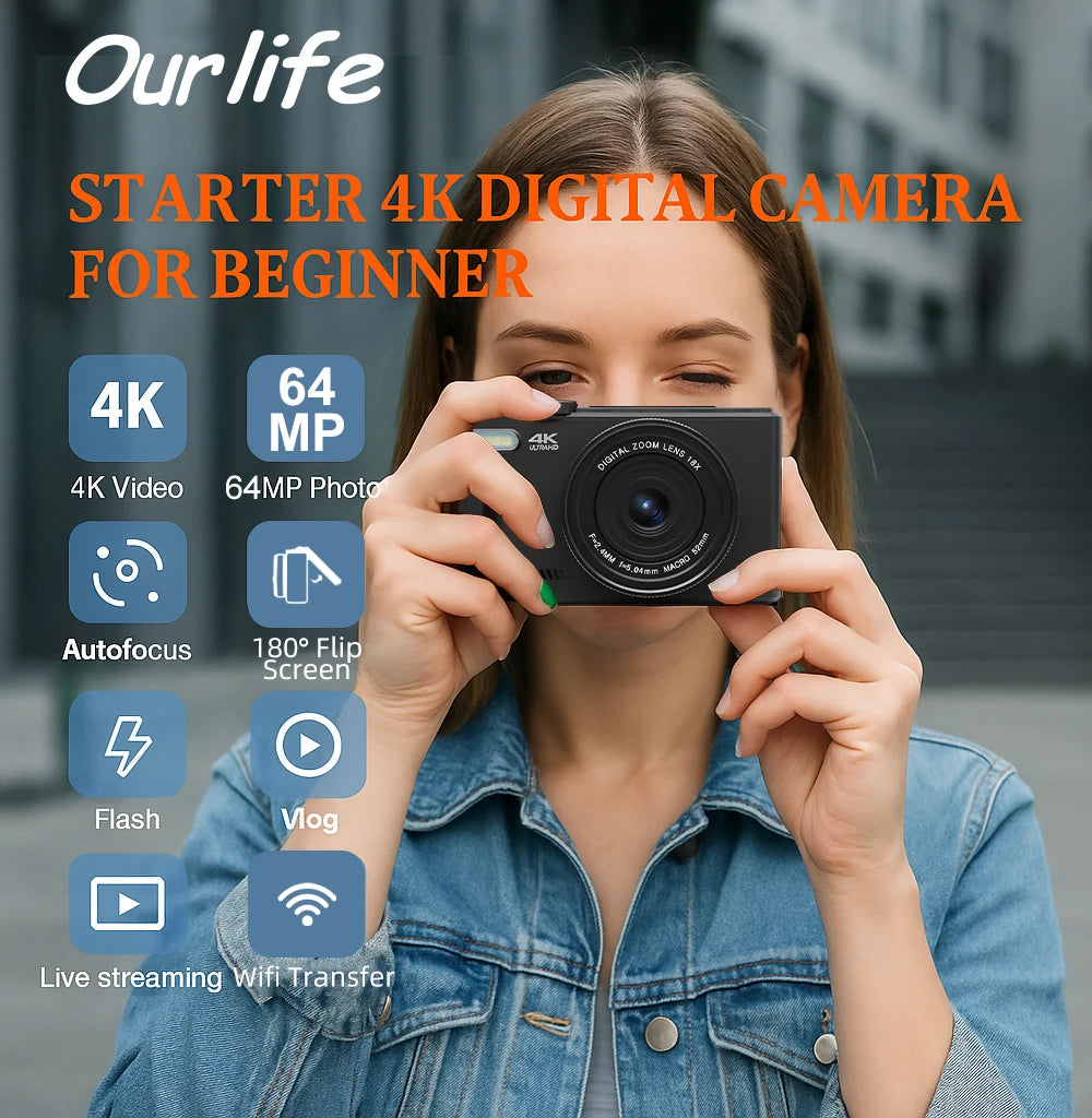 4K Digital Camera - 64MP Flip Screen Vlogging Camera with 18X Digital Zoom - ZOOMNSTORE