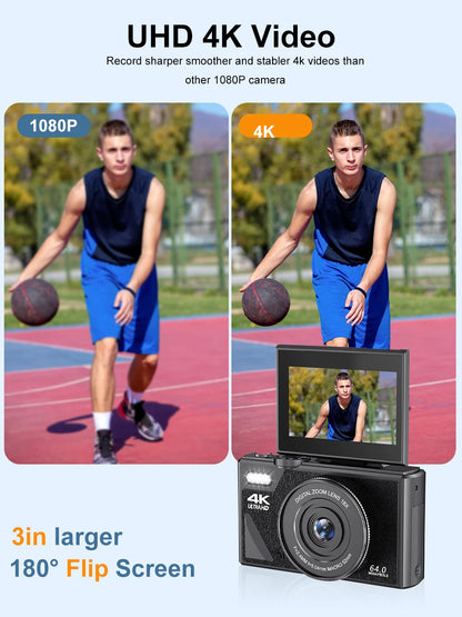 4K Digital Camera - 64MP Flip Screen Vlogging Camera with 18X Digital Zoom - ZOOMNSTORE