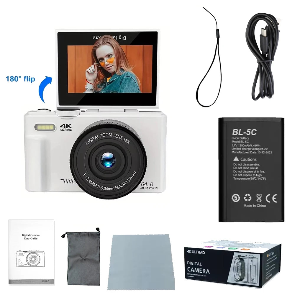 4K Digital Camera - 64MP Flip Screen Vlogging Camera with 18X Digital Zoom - ZOOMNSTORE