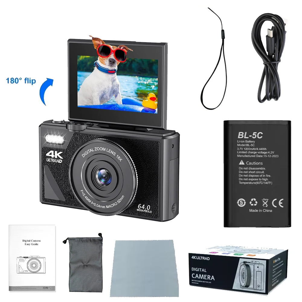 4K Digital Camera - 64MP Flip Screen Vlogging Camera with 18X Digital Zoom - ZOOMNSTORE