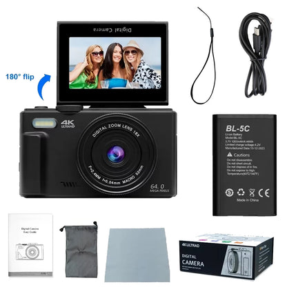 4K Digital Camera - 64MP Flip Screen Vlogging Camera with 18X Digital Zoom - ZOOMNSTORE