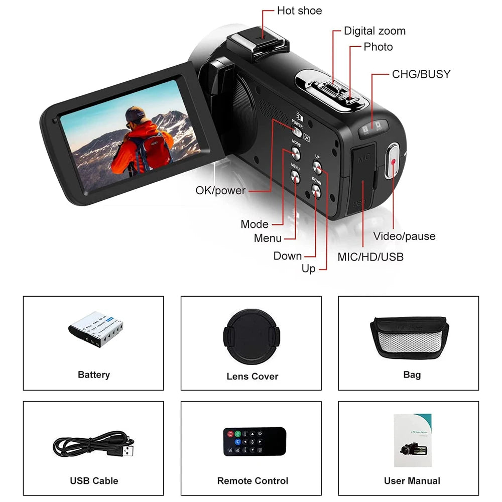 4K Portable Digital Camera - 2-in-1 Photo  Video Recorder with 18X Zoom and 3 Rotatable Screen - ZOOMNSTORE
