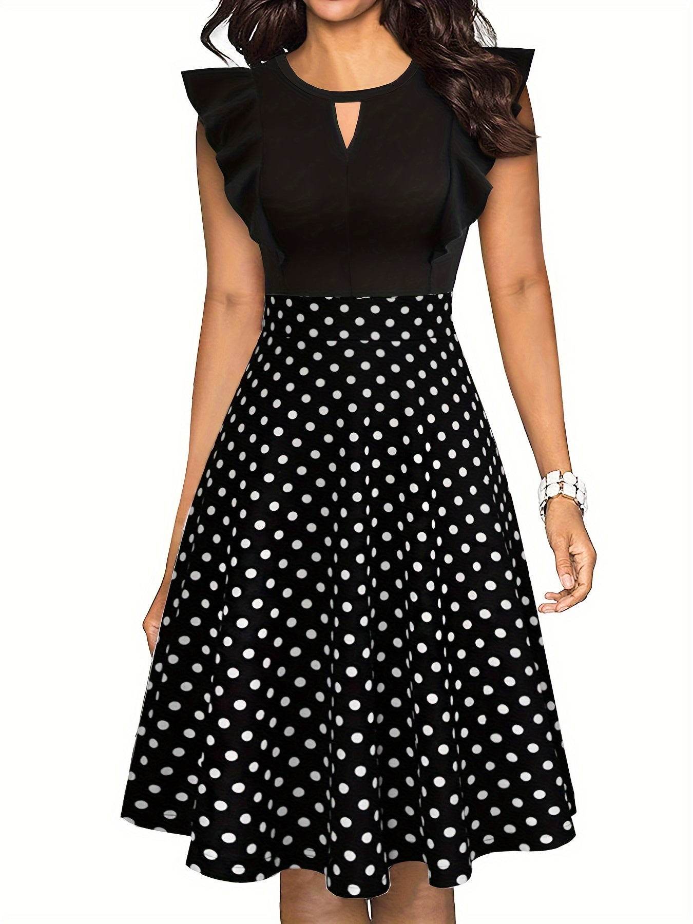 Elegant Floral Midi Dress for Women - Navy Blue with Ruffled Sleeves, Keyhole Neckline, and Stretchy Polyester Blend, Machine Washable, Perfect for All Seasons - ZOOMNSTORE