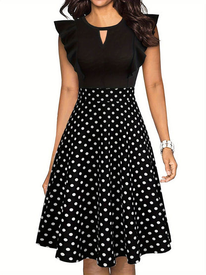 Elegant Floral Midi Dress for Women - Navy Blue with Ruffled Sleeves, Keyhole Neckline, and Stretchy Polyester Blend, Machine Washable, Perfect for All Seasons - ZOOMNSTORE