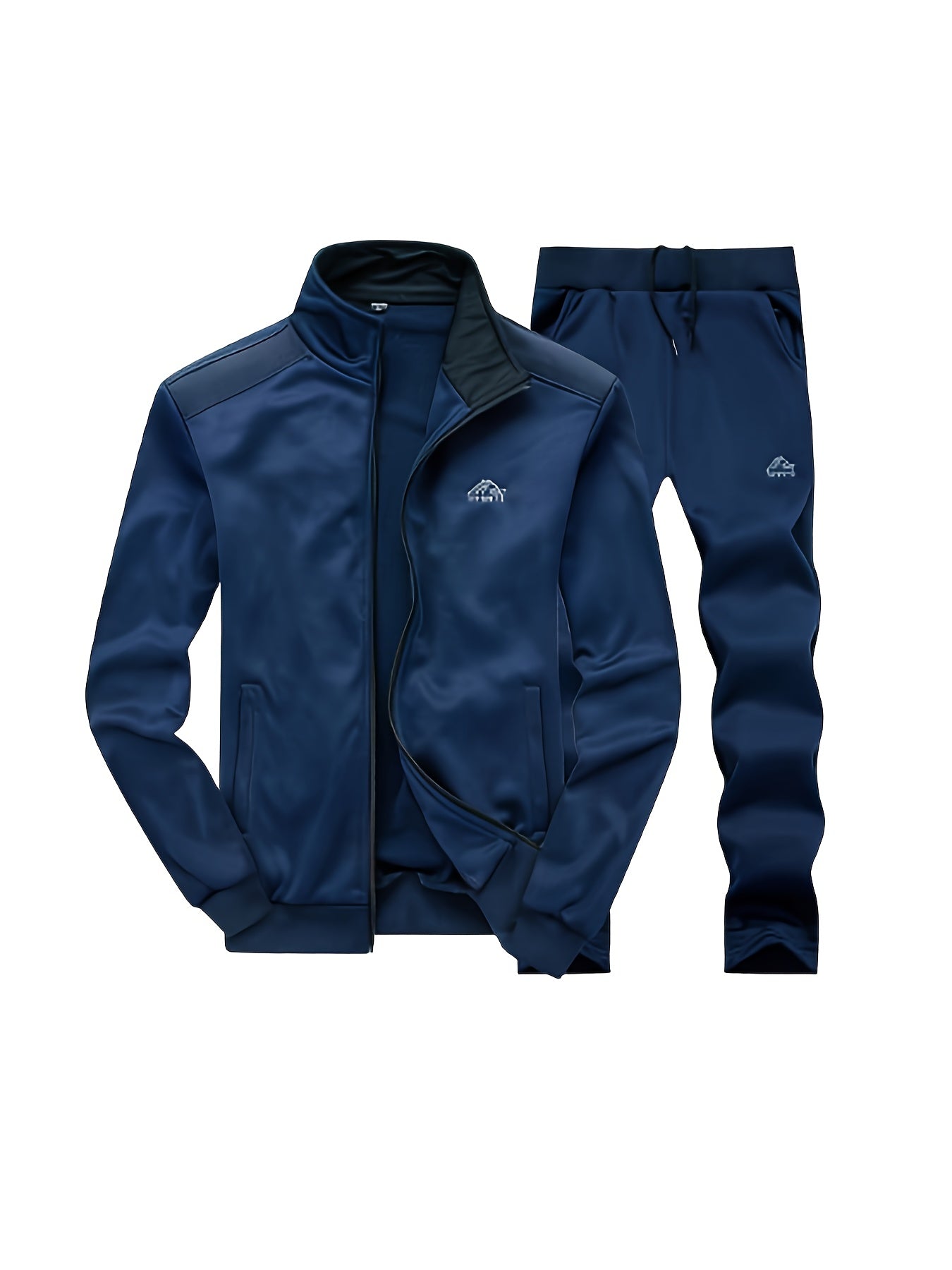 2pcs Embroidered Stand Collar Zip Up Jacket & Elastic Waist Drawstring Pants - Men's Sportswear Set for Outdoor Activities - ZOOMNSTORE