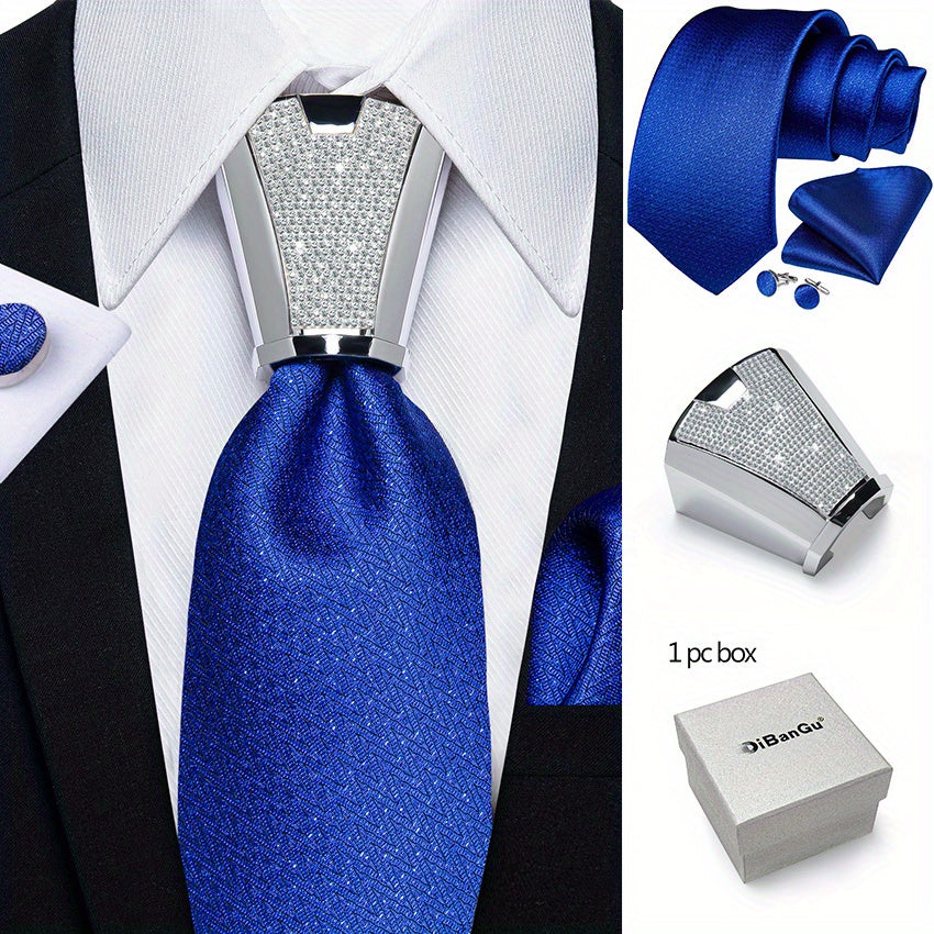 Mens Silvery Necktie Set - Necktie Ring Handkerchief  Cufflinks with Gift Box - ZOOMNSTORE