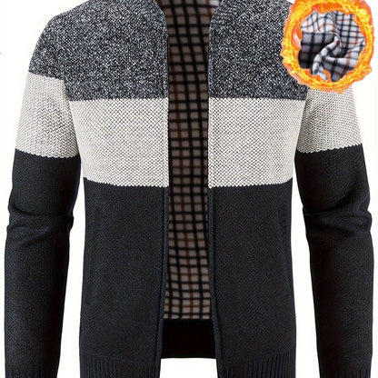 Men'S Casual High Neck Fleece Jacket, Color Block Knit Polyester Cardigan, Mid Stretch Zip-Up Fall/Winter Outerwear, Regular Fit with Placket Closure, Thick - ZOOMNSTORE