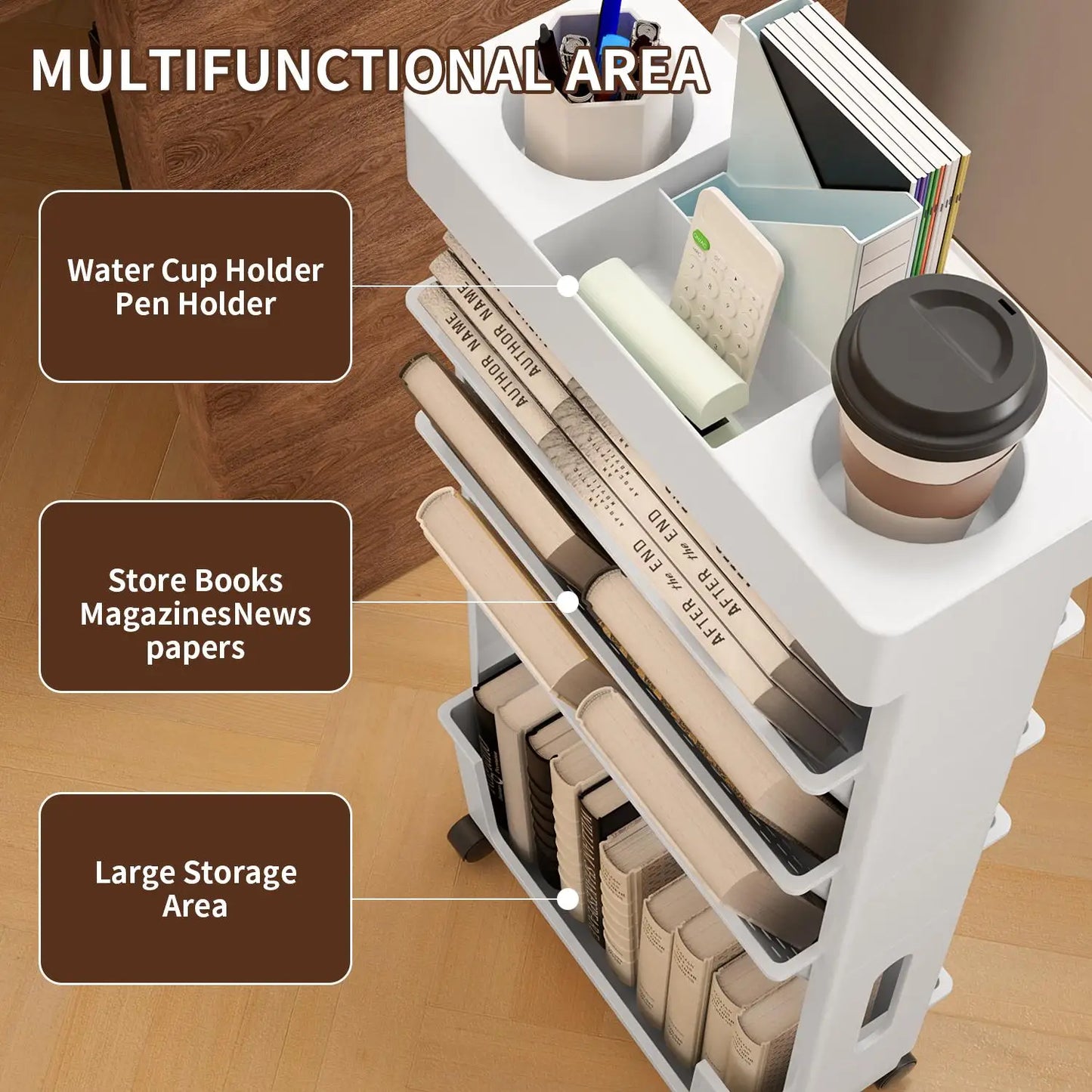 5-Tier Rolling Magazine and Book Storage Rack - Mobile Bookshelf for Classroom and Office - ZOOMNSTORE