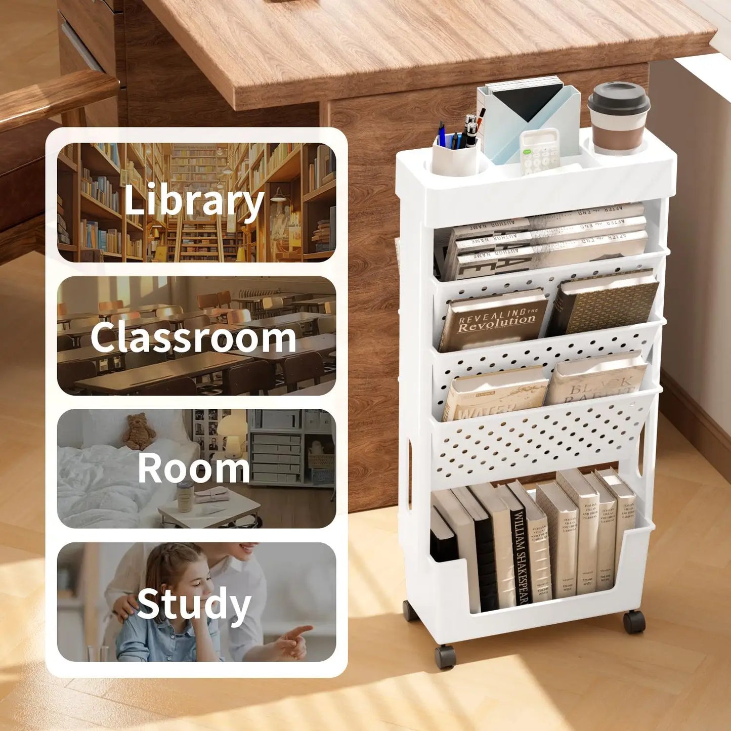 5-Tier Rolling Magazine and Book Storage Rack - Mobile Bookshelf for Classroom and Office - ZOOMNSTORE