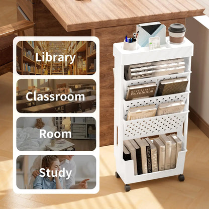 5-Tier Rolling Magazine and Book Storage Rack - Mobile Bookshelf for Classroom and Office - ZOOMNSTORE