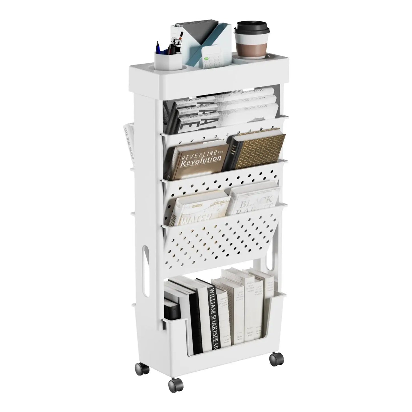 5-Tier Rolling Magazine and Book Storage Rack - Mobile Bookshelf for Classroom and Office - ZOOMNSTORE