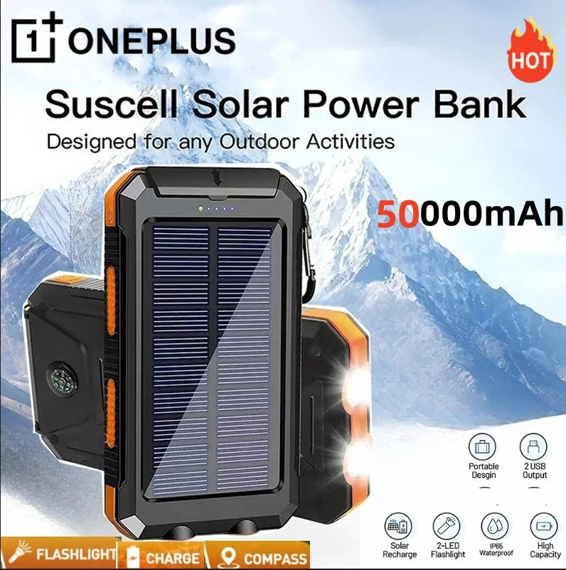 ONEPLUS 50000mAh Solar Power Bank Portable Charging Poverbank External Battery Charger Strong Light LDE Light for iphone Samsung - ZOOMNSTORE