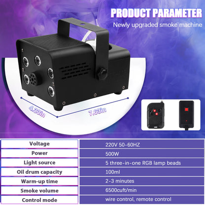 500W Fog Machine - Portable RGB LED Stage Fogger with Wireless Remote Control - ZOOMNSTORE
