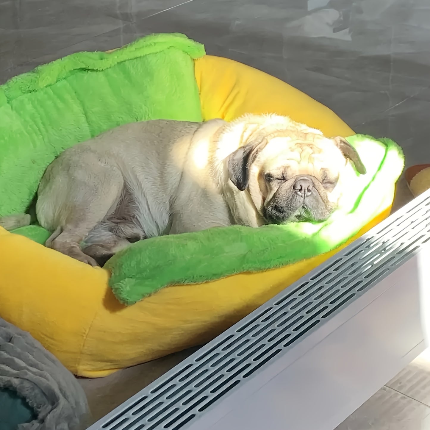 Soft Plush Hot Dog Pet Bed - Removable Cushion for Small to Medium Pets Easy to Clean Vibrant Yellow Green - ZOOMNSTORE