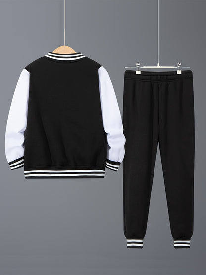 Boys Varsity Jacket and Joggers Set - Cozy Striped Fleece Fall Outfit - ZOOMNSTORE