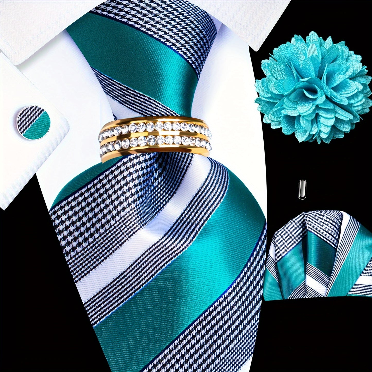 Mens Luxury Tie Set - Elegant 5PCS with Pocket Square Cufflinks Tie Ring Lapel Pin - ZOOMNSTORE