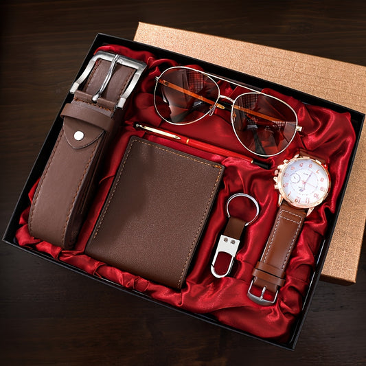 Mens Luxury Watch Gift Set - Quartz Timepiece Wallet Glasses Pen Holder Keychain - Ideal for Business Fashion - ZOOMNSTORE