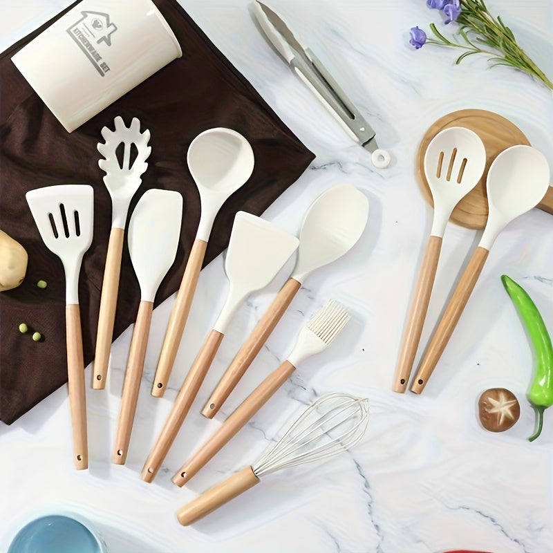 Non-Stick Silicone Kitchen Utensil Set - 12pcs with Ergonomic Wooden Handles Heat-Resistant  Easy to Clean - ZOOMNSTORE