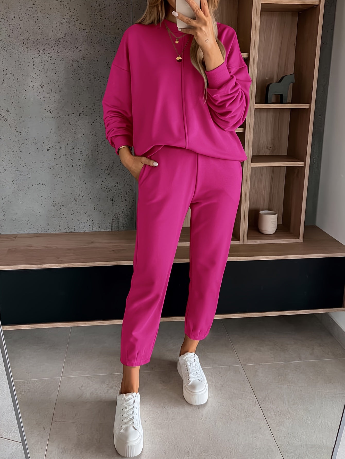 Womens Long Sleeve Pullover  Jogging Pants Set - Casual Autumn Winter Commuting Outfit with Pockets - ZOOMNSTORE