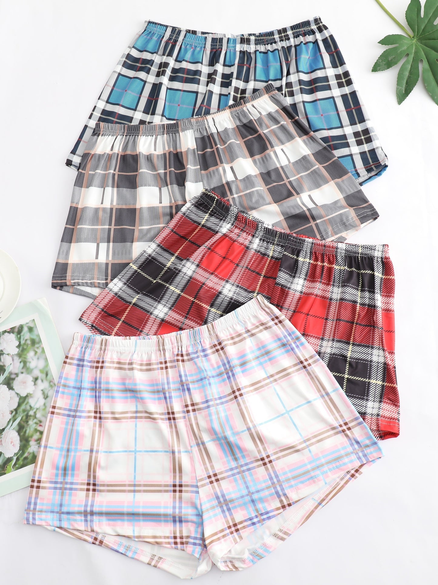 Plaid Lounge Shorts - Comfy Elastic Waist Womens Sleepwear 4pcs - ZOOMNSTORE