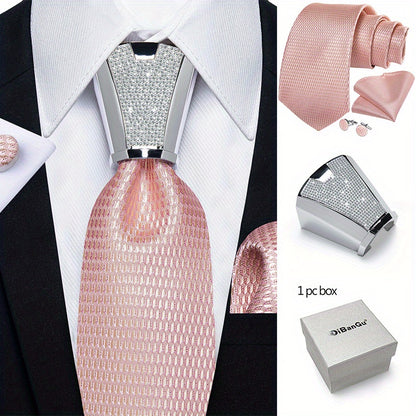 Mens Silvery Necktie Set - Necktie Ring Handkerchief  Cufflinks with Gift Box - ZOOMNSTORE