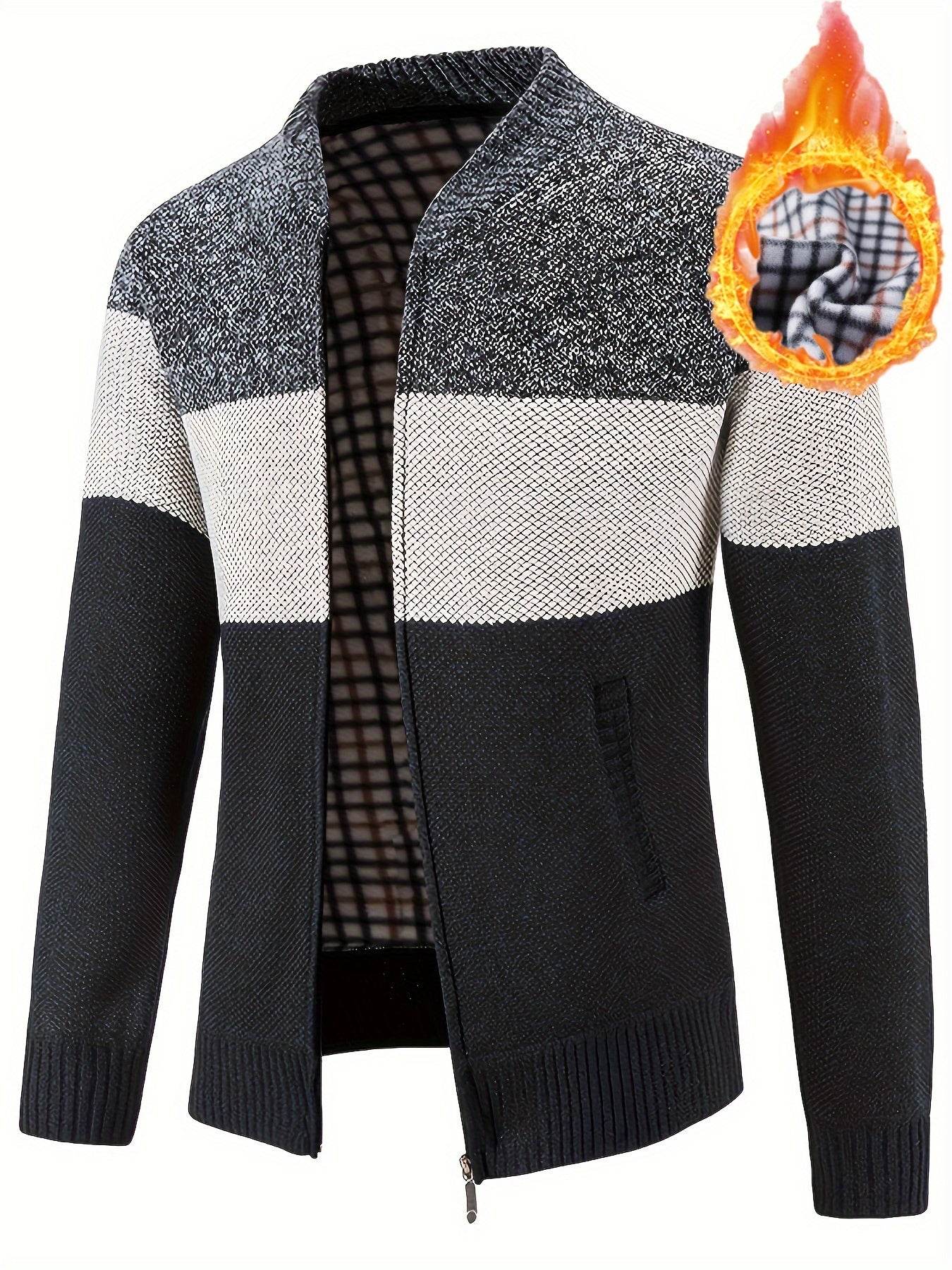 Men'S Casual High Neck Fleece Jacket, Color Block Knit Polyester Cardigan, Mid Stretch Zip-Up Fall/Winter Outerwear, Regular Fit with Placket Closure, Thick - ZOOMNSTORE