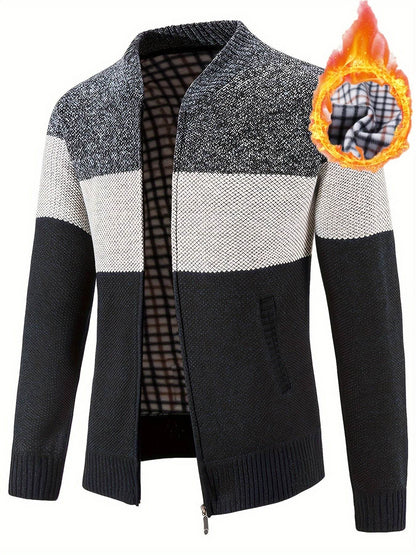 Men'S Casual High Neck Fleece Jacket, Color Block Knit Polyester Cardigan, Mid Stretch Zip-Up Fall/Winter Outerwear, Regular Fit with Placket Closure, Thick - ZOOMNSTORE